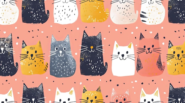 A Seamless Pattern of Cute Cartoon Cats on a Pink Background