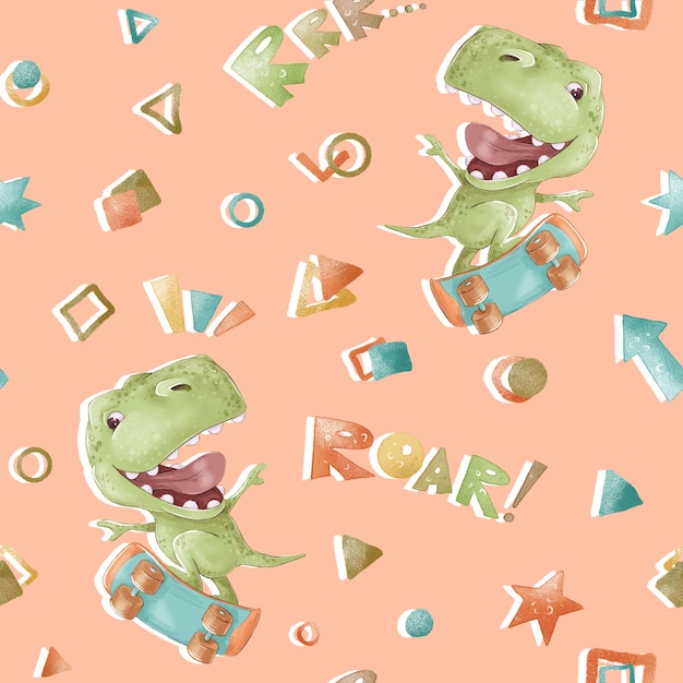 Seamless pattern. Cute cartoon dinosaurs. Print for the children's room.