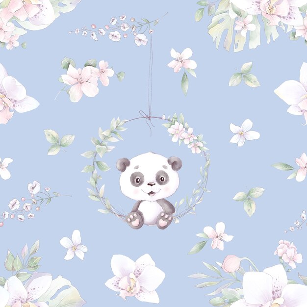 Seamless pattern. Cute cartoon panda with flowers and balloons.