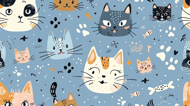 Seamless Pattern of Cute Cat Faces on a Blue Background