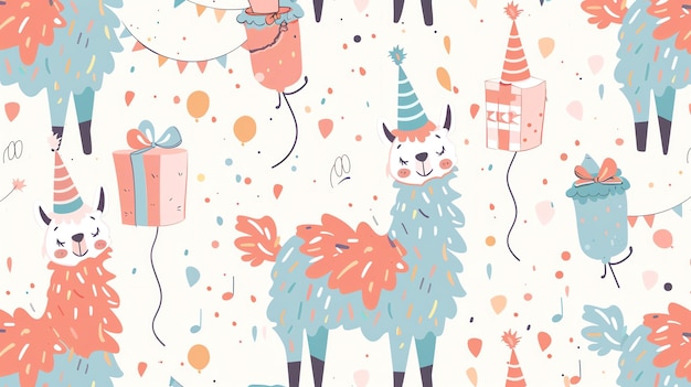 A seamless pattern of cute llamas wearing party hats and holding presents The llamas are surrounded by confetti and balloons