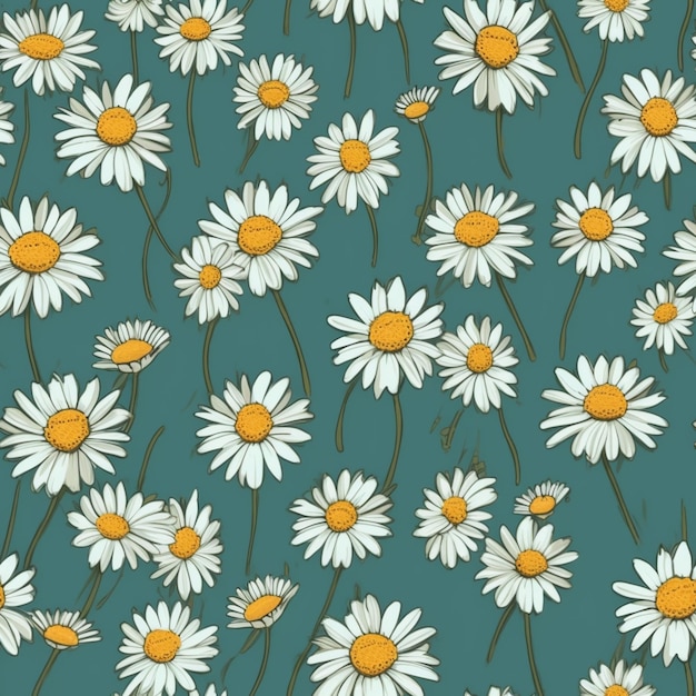 A seamless pattern of daisies on a blue background.