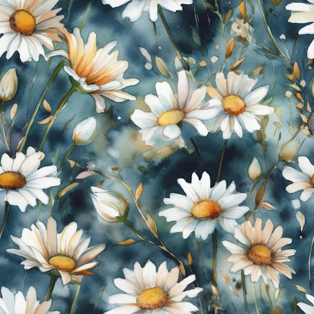 A seamless pattern of daisies on a blue background