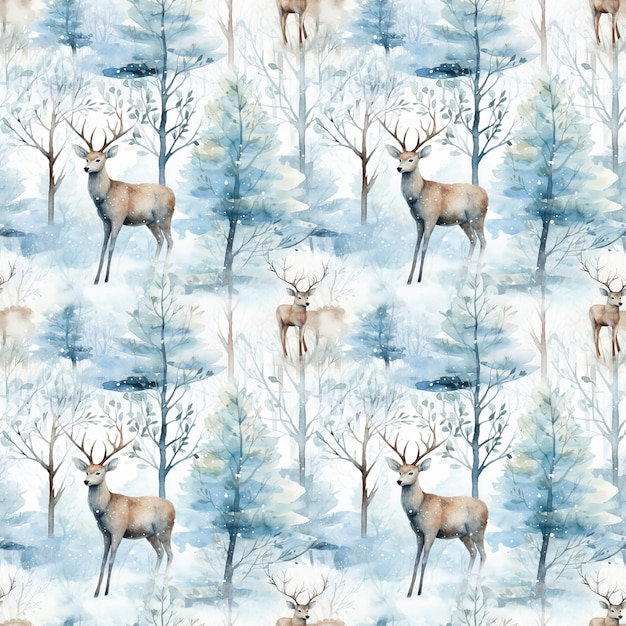 Seamless pattern deer in snowy winter forest watercolor generated ai