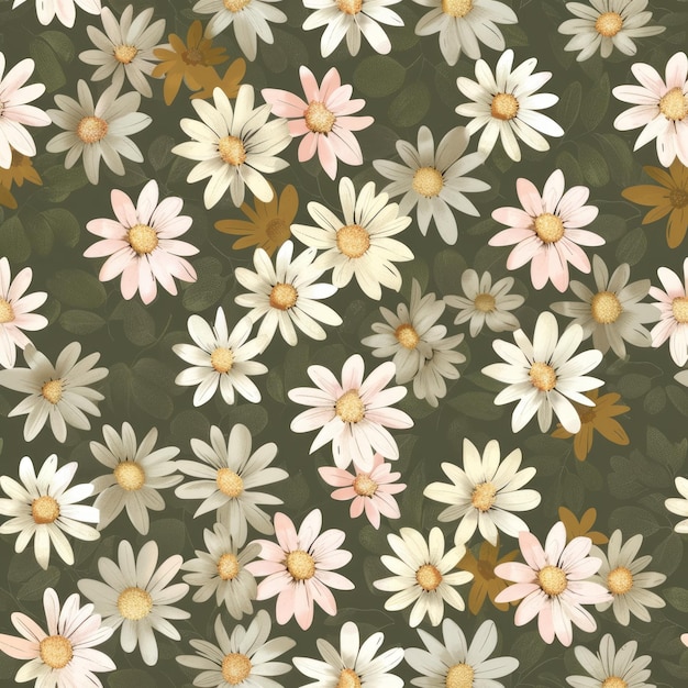 Photo seamless pattern of delicate white and pink daisies on a green background