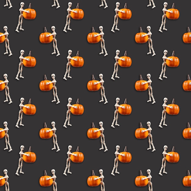 Seamless pattern depicting the skeleton of a man holding a pumpkin on a dark gray background Halloween concept