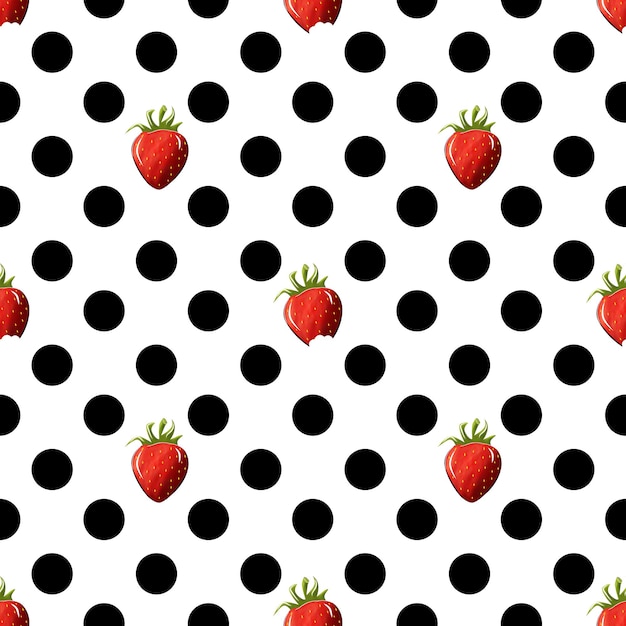 Seamless pattern design with strawberries on a white background with black polka dots on it