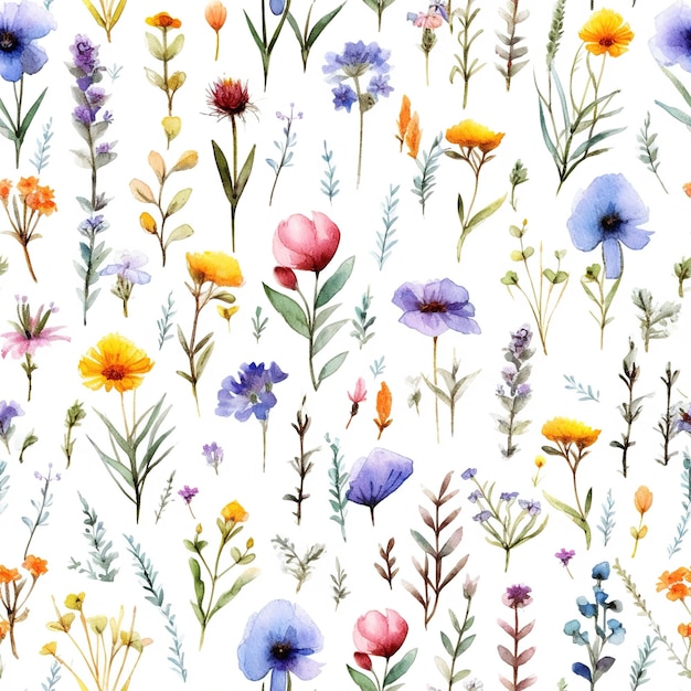 A seamless pattern of different flowers on a white background.