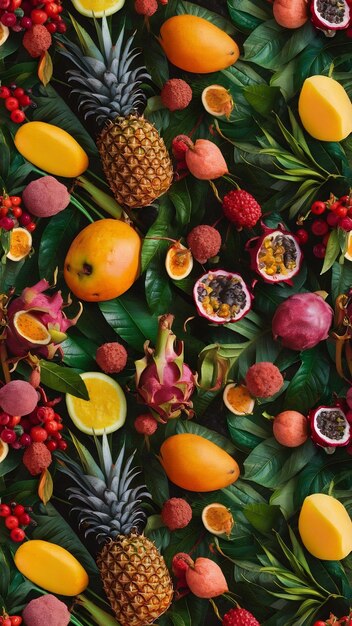 Photo seamless pattern of different fruits and berries flat lay top view tropical and exotic texture