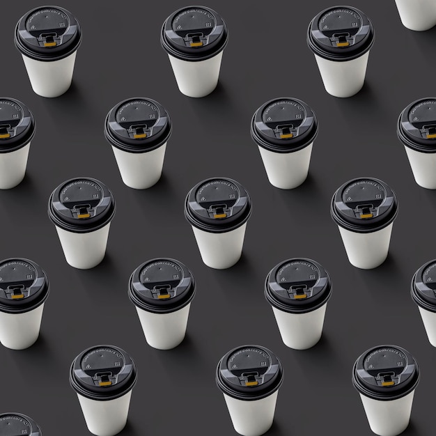 Seamless pattern of a disposable paper cup with a lid for hot coffee and tea on gray  background.