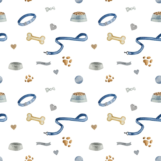 seamless pattern of a dog bowl, bone and ball