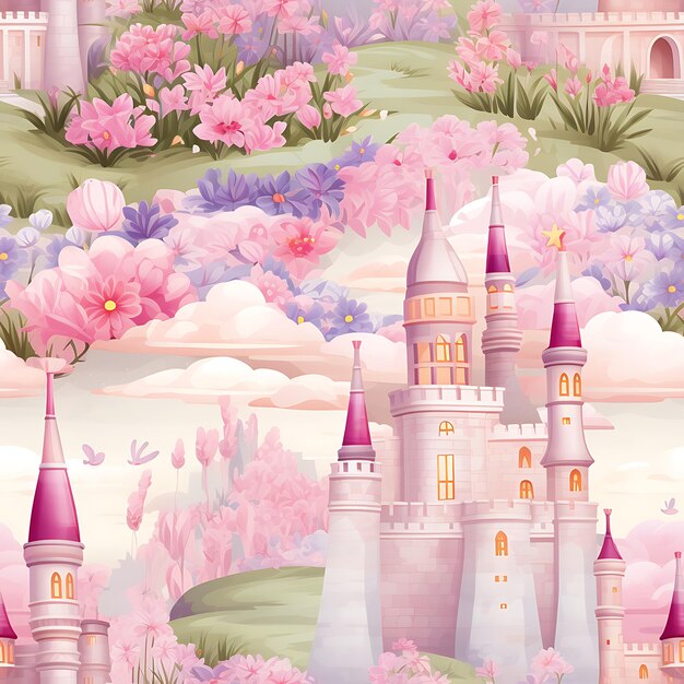 Seamless Pattern of a Dreamy Princess Castle with Shimmering Turrets and a Royal Garden