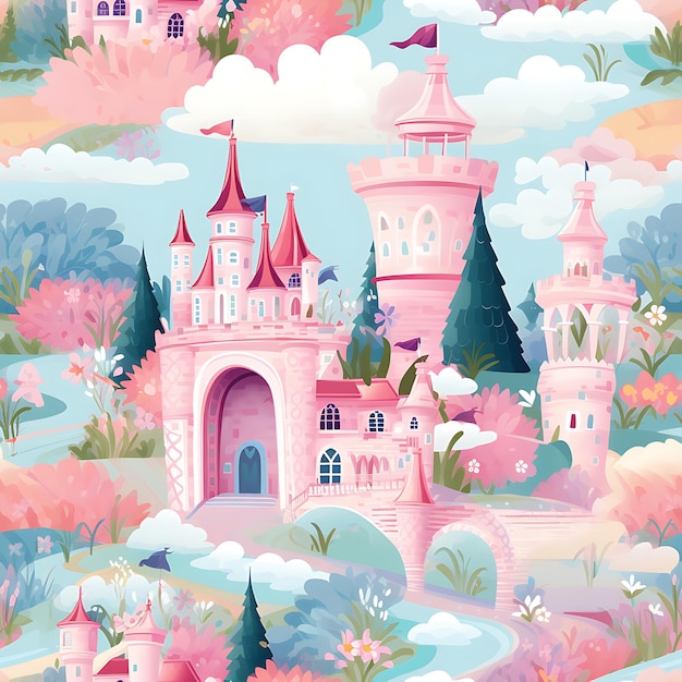 Seamless Pattern of a Dreamy Princess Castle with Shimmering Turrets and a Royal Garden