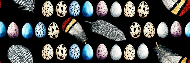 Seamless pattern easter with feather and colored eggs Spring hand drawn illustration isolated on black background