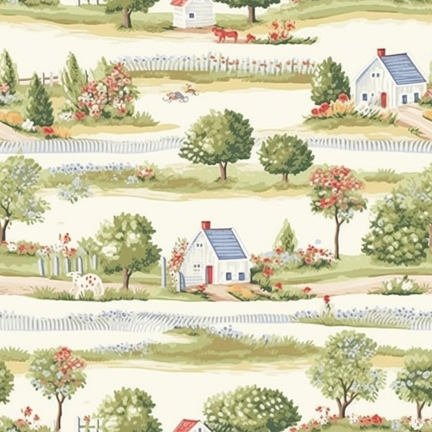 Seamless pattern English country style print for wallpaper wrapping paper scrapbook fabric and product design countryside nature and landscape generative ai