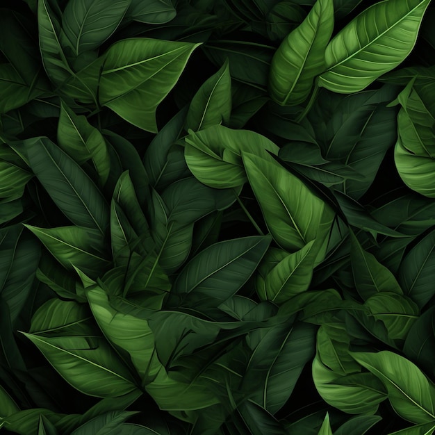 Photo seamless pattern features an array of green leaves set against a dark background