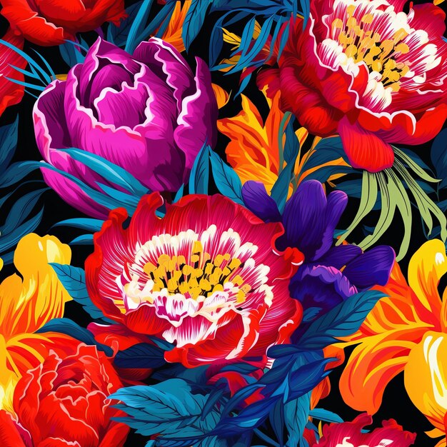 Photo a seamless pattern featuring a flowers in vibrant and contrasting colors