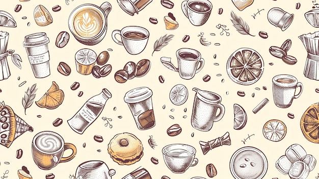 Photo a seamless pattern featuring handdrawn illustrations of coffee coffee beans lemon slices and other coffeerelated items