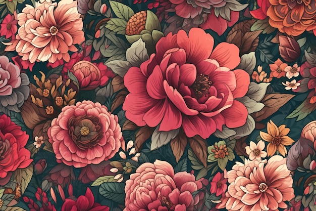 Seamless pattern featuring handdrawn illustrations of flowers and foliage Generative AI