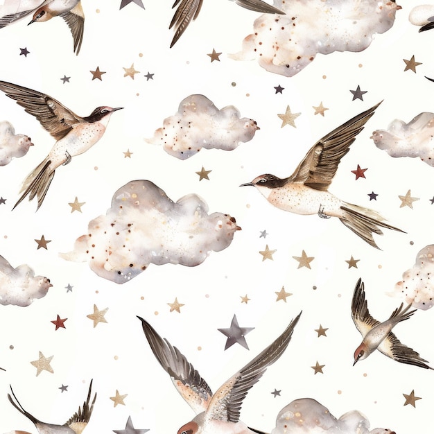 A seamless pattern featuring handdrawn watercolor swallows Martin birds