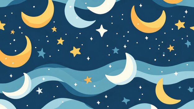 A seamless pattern featuring moons and stars against a blue and teal sky