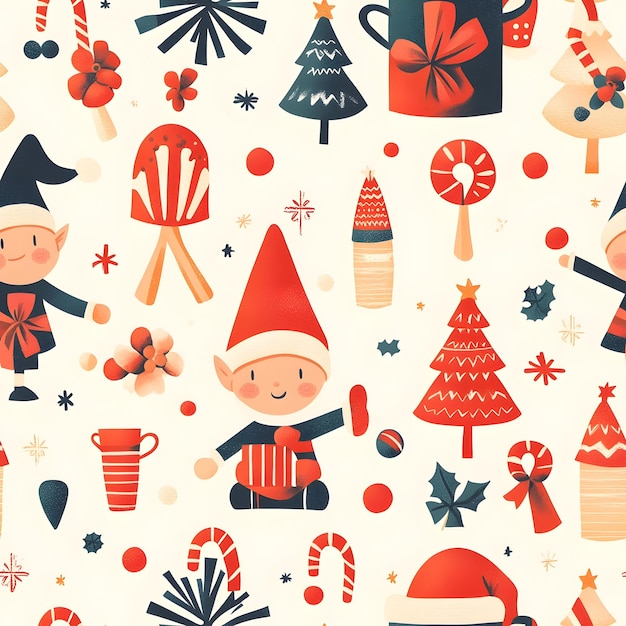 Seamless Pattern Featuring Santa s Workshop with Elves Toys and Candy for Joyful Christmas in