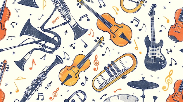 A seamless pattern featuring a variety of musical instruments and music notes