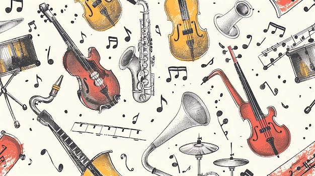 A seamless pattern featuring various musical instruments and musical notes