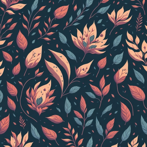 seamless pattern flowers amp leaves amp roses with dark background