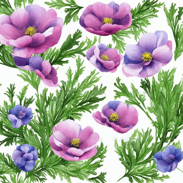 A seamless pattern of flowers with green leaves and flowers