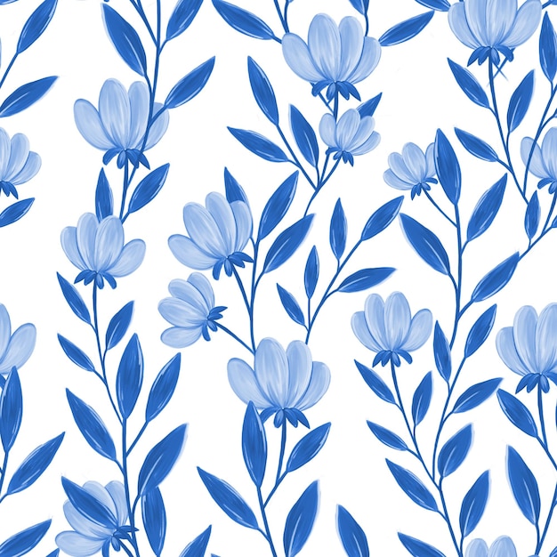 Seamless pattern of flowers with leaves in blue