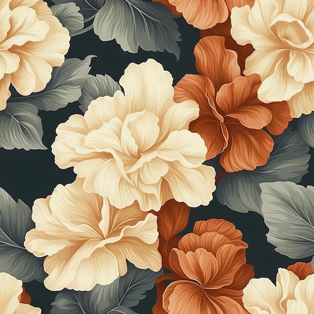 A seamless pattern of flowers with leaves on a dark background.