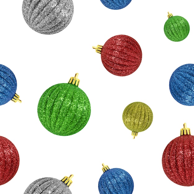 Seamless pattern from multi-colored Christmas balls on white.