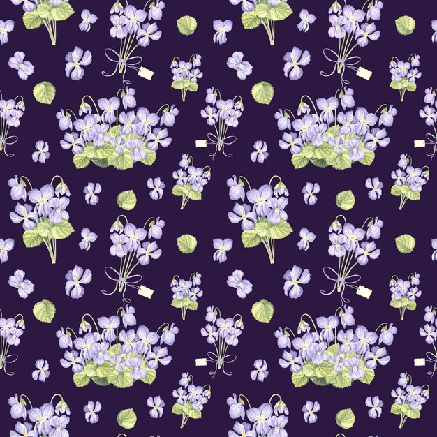 Seamless pattern from wild violets with green leaves on dark background hand drawn watercolor