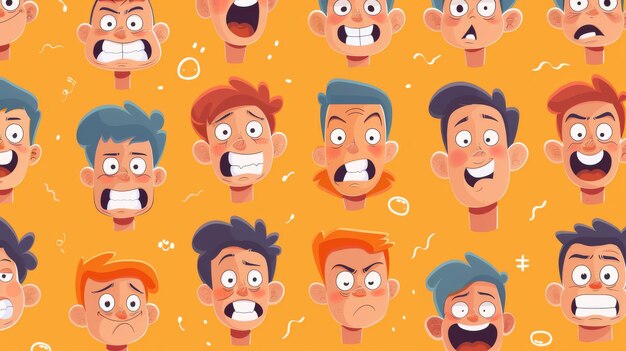 Photo seamless pattern of funny cartoon faces with different emotions on yellow background