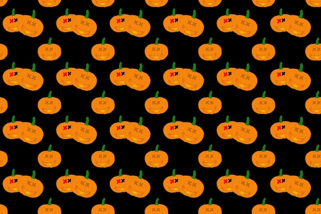 Photo seamless pattern funny orange pumpkin face decorations for the holiday of halloween.