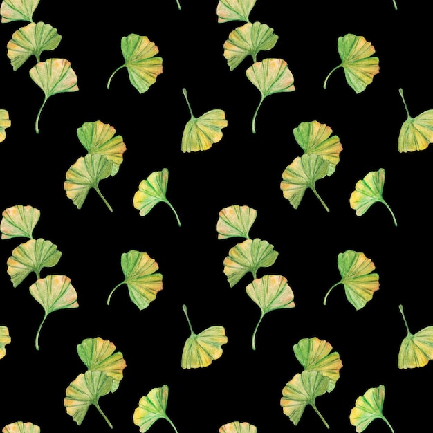 Seamless pattern ginkgo biloba green and yellow leaves print botany foliage Watercolor branches Leaves clip art