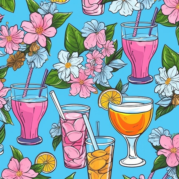 Seamless pattern of glasses of drinks and flowers on a blue background generative ai