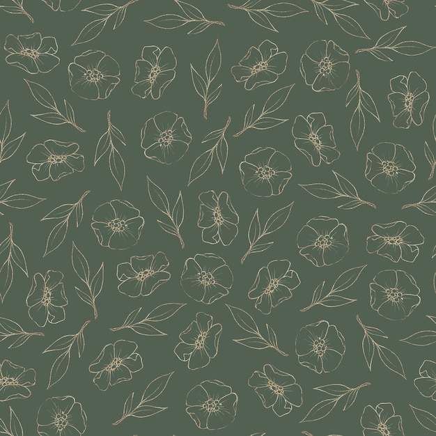 Seamless pattern. Gold outlines of spring flowers and leaves.