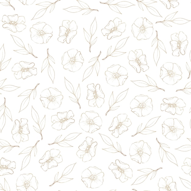 Seamless pattern. Gold outlines of spring flowers and leaves.