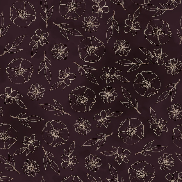 Seamless pattern. Gold outlines of spring flowers and leaves.