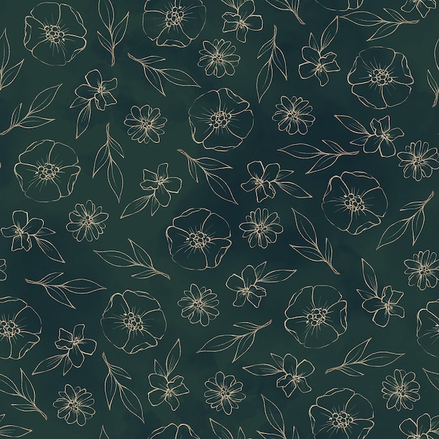 Seamless pattern. Gold outlines of spring flowers and leaves.