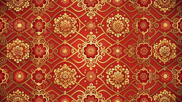 a seamless pattern of gold and red flowers on a red background