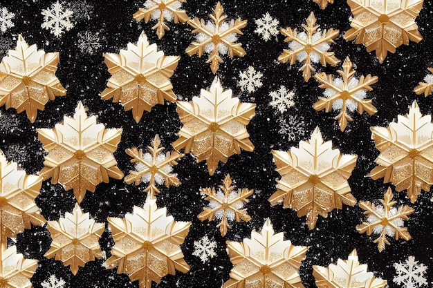 Seamless pattern. Golden snowflakes on a black background.