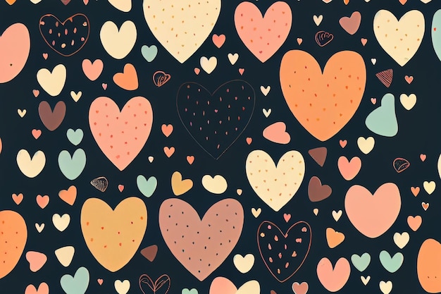 Seamless pattern graphic set of hand draw hearts on the dark background