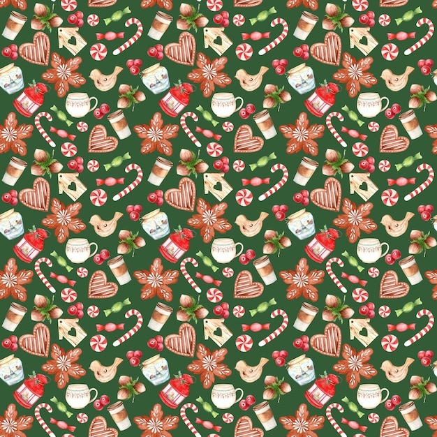 Photo seamless pattern on a green background christmas and new year gingerbread and tea lollipops and toys nuts glass jar lantern mug and glass the pattern is drawn by hand suitable for textiles