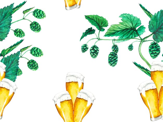 Seamless pattern green hop and beers Watercolor illustration for Octoberfest Sketch on on a transparent background for ornament or any design