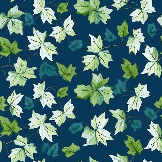 A seamless pattern of green leaves on a dark blue background.