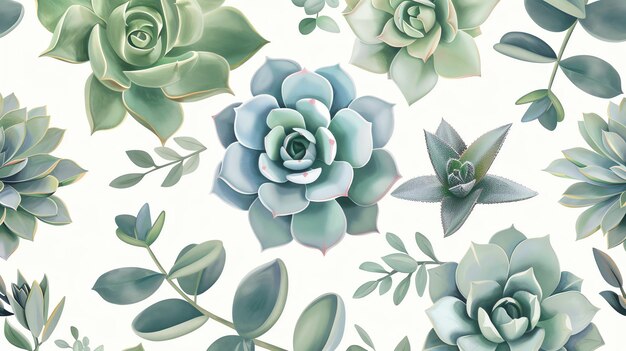 Seamless pattern of green succulent plants on a white background