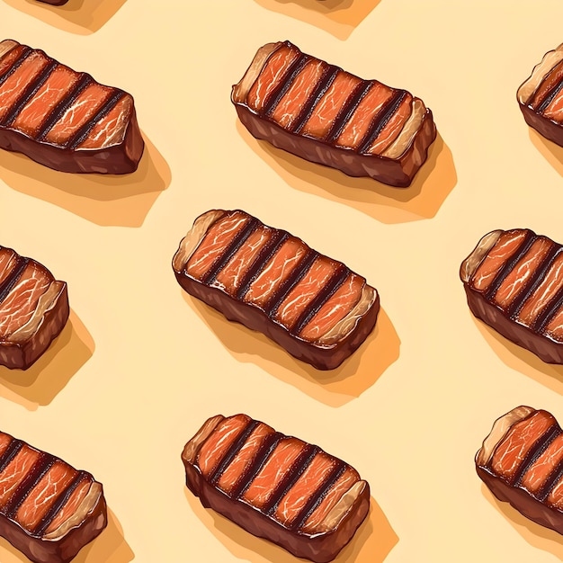 Seamless pattern of grilled steak slices on pastel orange background in style